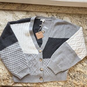 Blu Pepper Patchwork Knit Cardigan in Gray and Cream